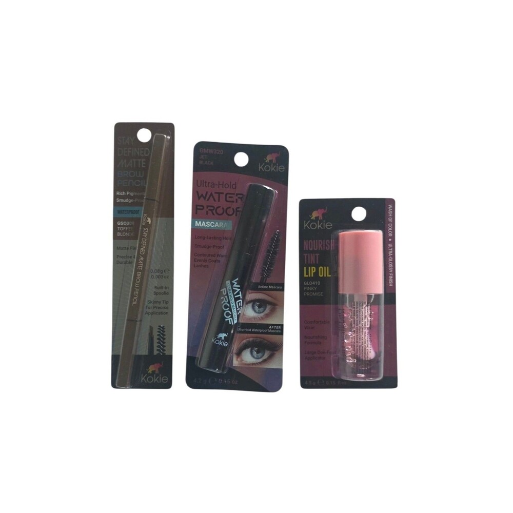 Kokie Nourish Tint Lip Oil , Mascara &Matte Brow Pencil Glossy ~3pk